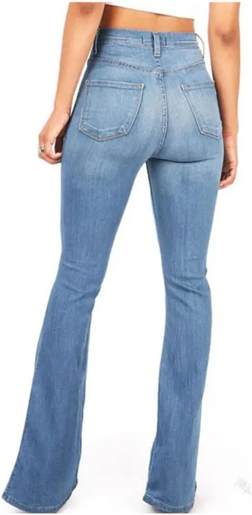 Women's Mid-Rise Flared Jeans Stretch Classic Slim Vintage Washed Jeans