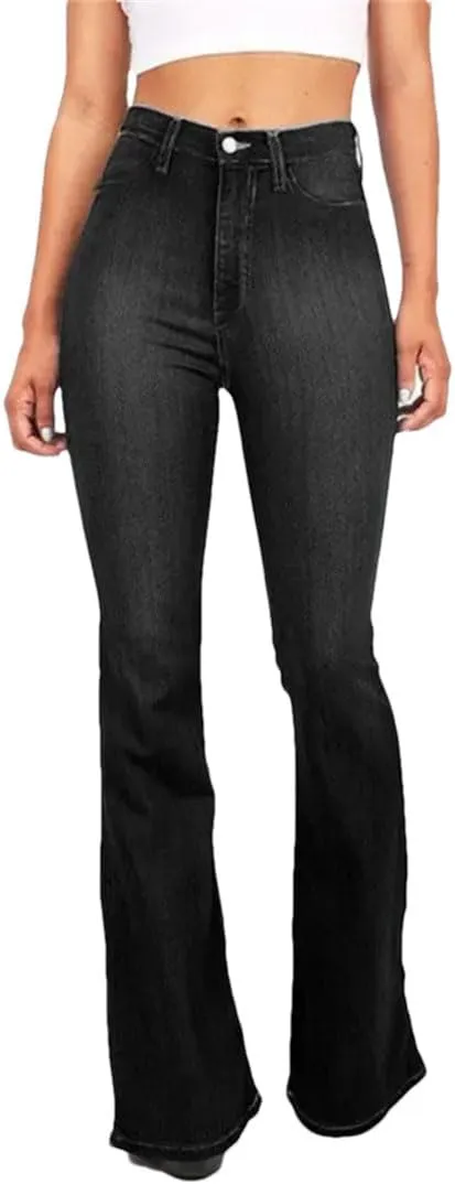 Women's Mid-Rise Flared Jeans Stretch Classic Slim Vintage Washed Jeans