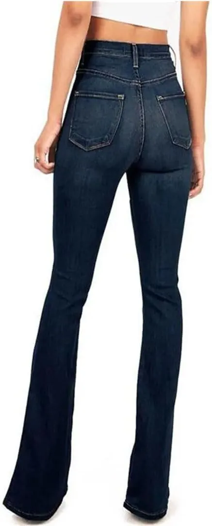 Women's Mid-Rise Flared Jeans Stretch Classic Slim Vintage Washed Jeans