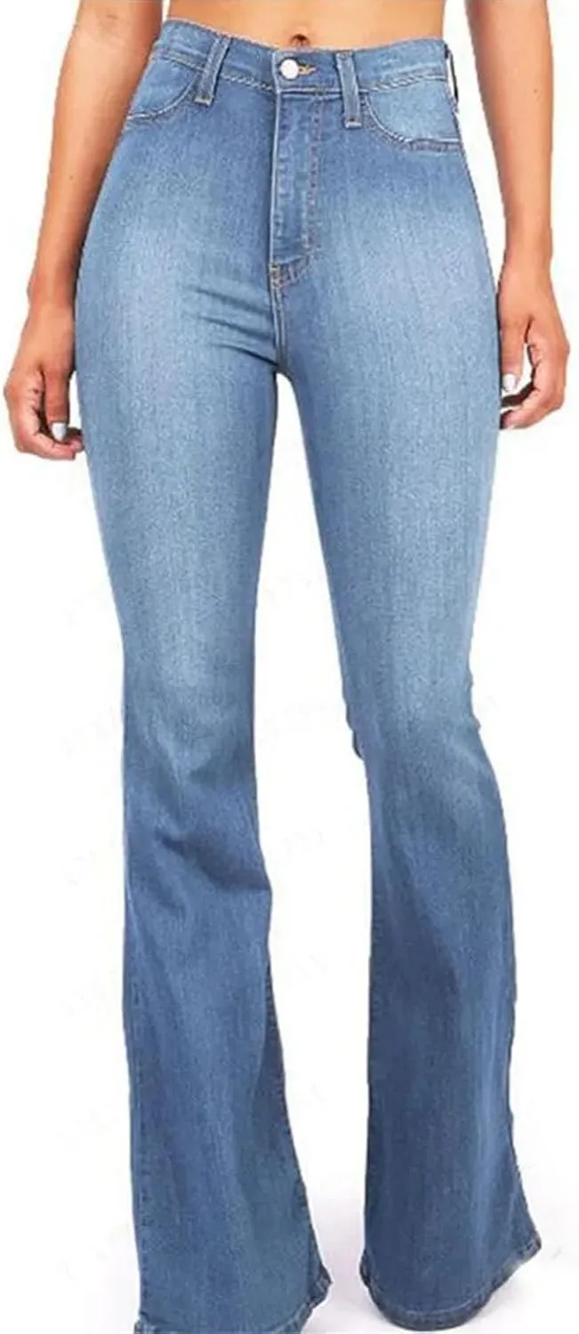 Women's Mid-Rise Flared Jeans Stretch Classic Slim Vintage Washed Jeans