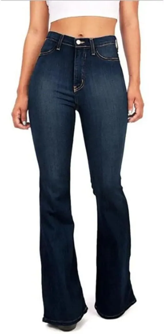Women's Mid-Rise Flared Jeans Stretch Classic Slim Vintage Washed Jeans