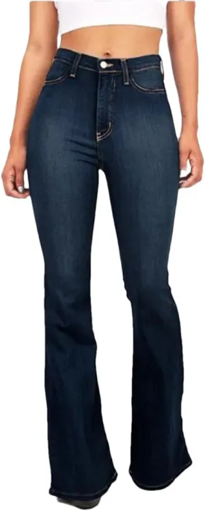 Women's Mid-Rise Flared Jeans Stretch Classic Slim Vintage Washed Jeans