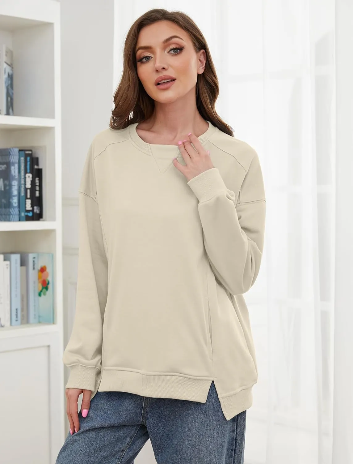 Womens Oversized Sweatshirts Long Sleeve Loose Fit Solid Color Pullover Tops Casual Comfy Fall Fashion Clothes 2024