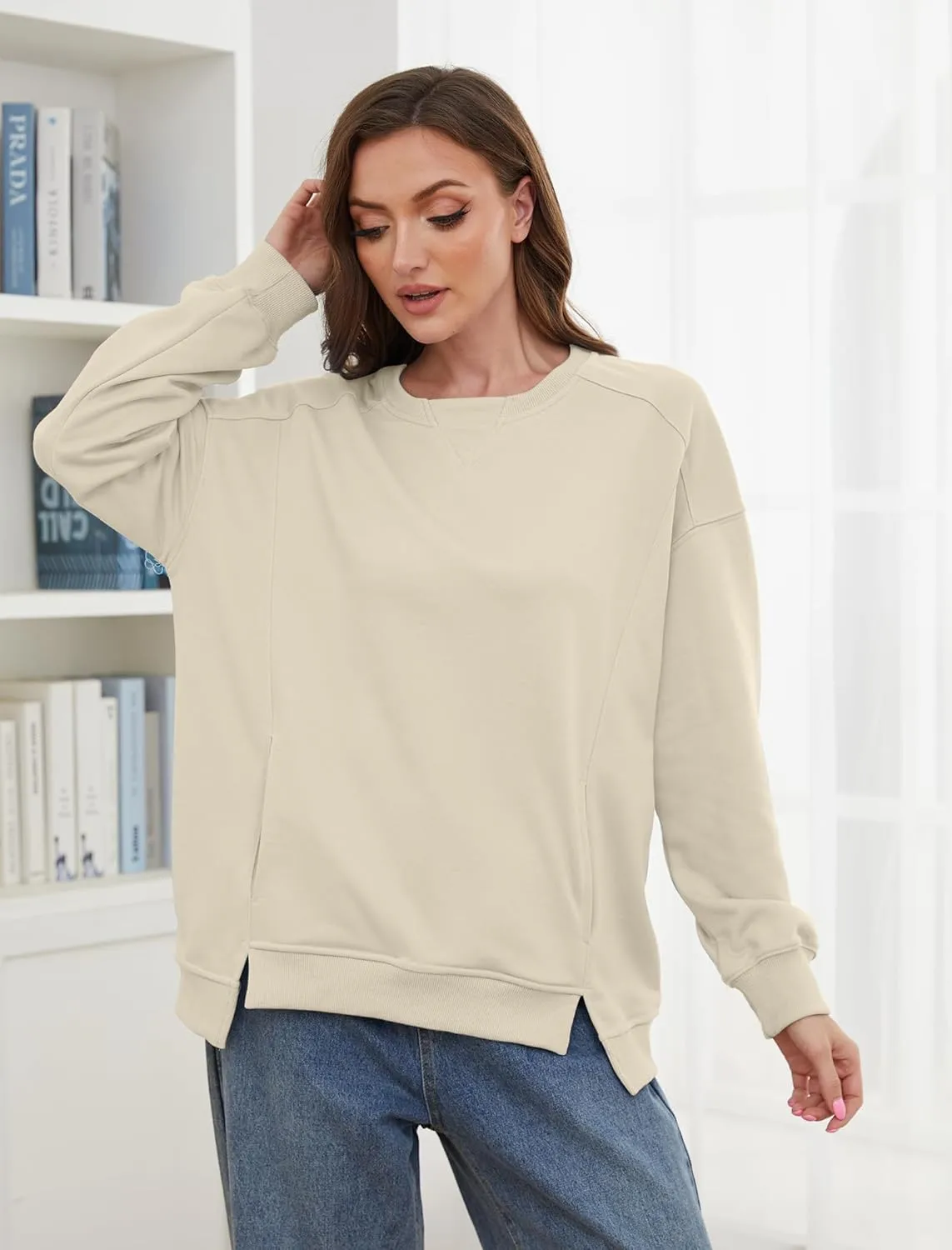 Womens Oversized Sweatshirts Long Sleeve Loose Fit Solid Color Pullover Tops Casual Comfy Fall Fashion Clothes 2024