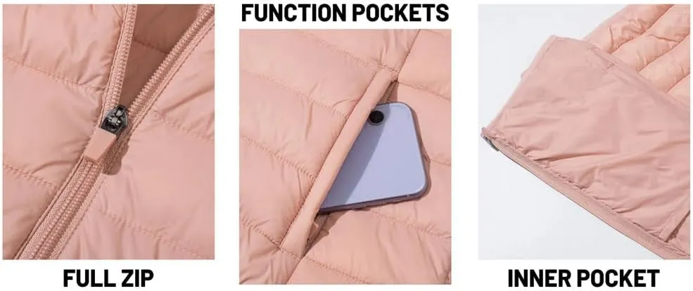 Women's Packable Lightweight Warm Puffer Jackets Hooded Full Zip Quilted Jacket Winter Windproof Camping Down Coat
