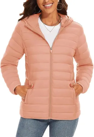 Women's Packable Lightweight Warm Puffer Jackets Hooded Full Zip Quilted Jacket Winter Windproof Camping Down Coat