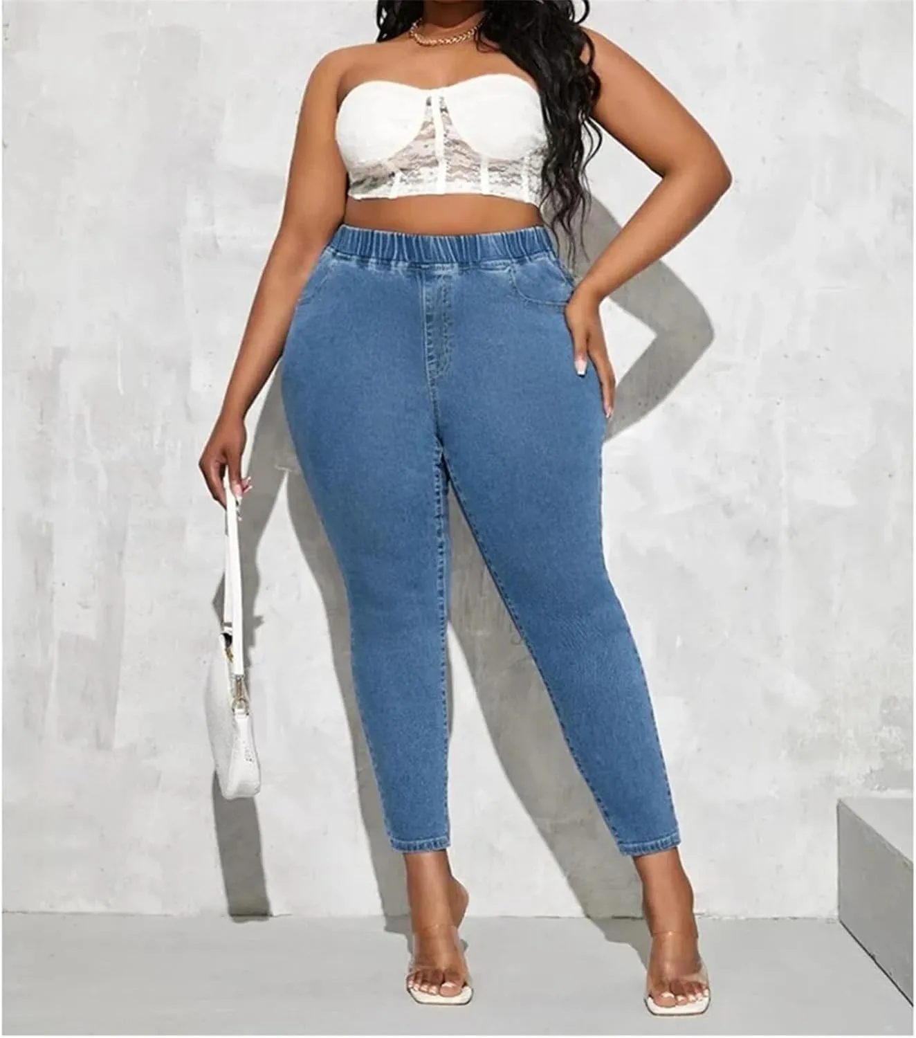 Womens Plus Size Jeans High Waist Stretchy Pencil Pants Full Length Elastic Skinny Curvy Oversized Jeans