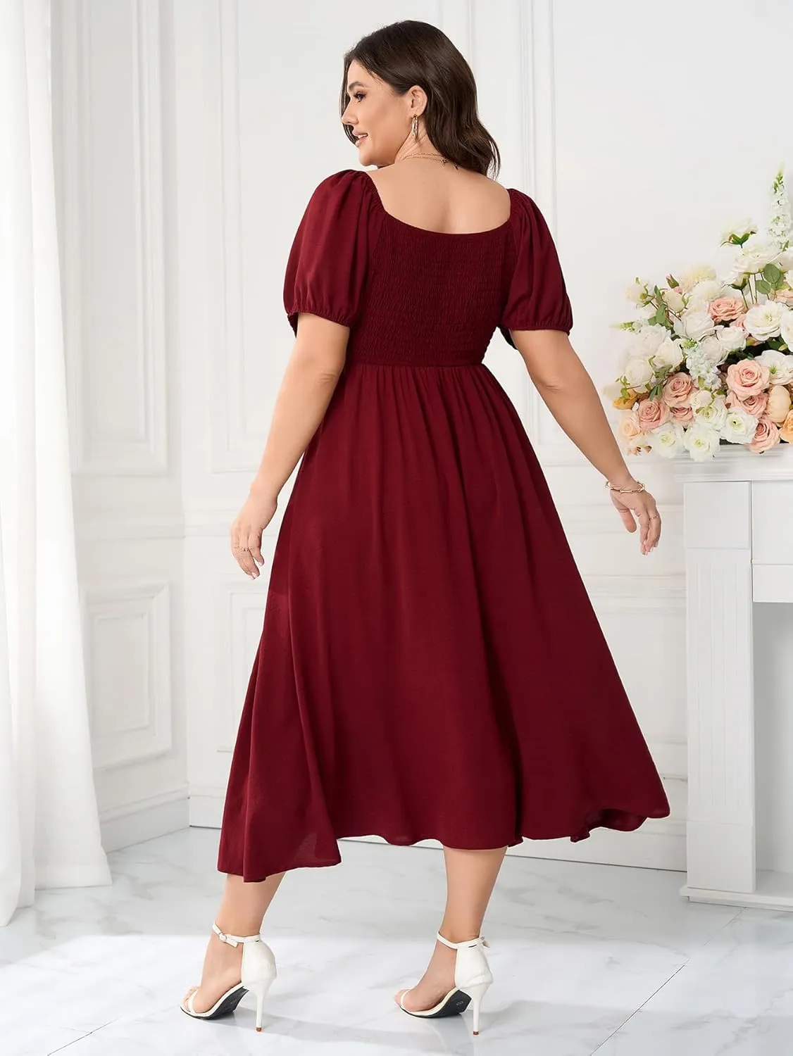 Women's Plus Size Summer Dress Short Sleeve Square Neck Milkmaid Dress Tie Front Split A-Line Maxi Long Dresses