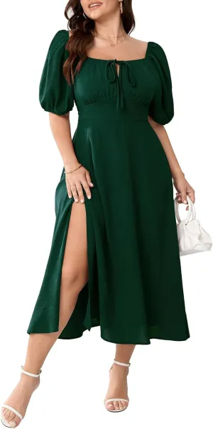 Women's Plus Size Summer Dress Short Sleeve Square Neck Milkmaid Dress Tie Front Split A-Line Maxi Long Dresses