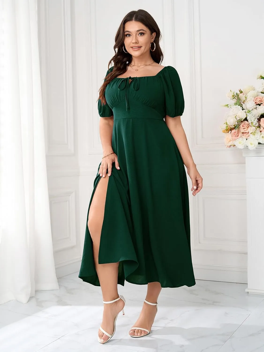 Women's Plus Size Summer Dress Short Sleeve Square Neck Milkmaid Dress Tie Front Split A-Line Maxi Long Dresses