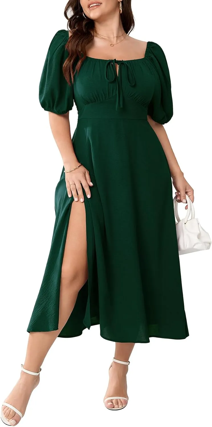 Women's Plus Size Summer Dress Short Sleeve Square Neck Milkmaid Dress Tie Front Split A-Line Maxi Long Dresses