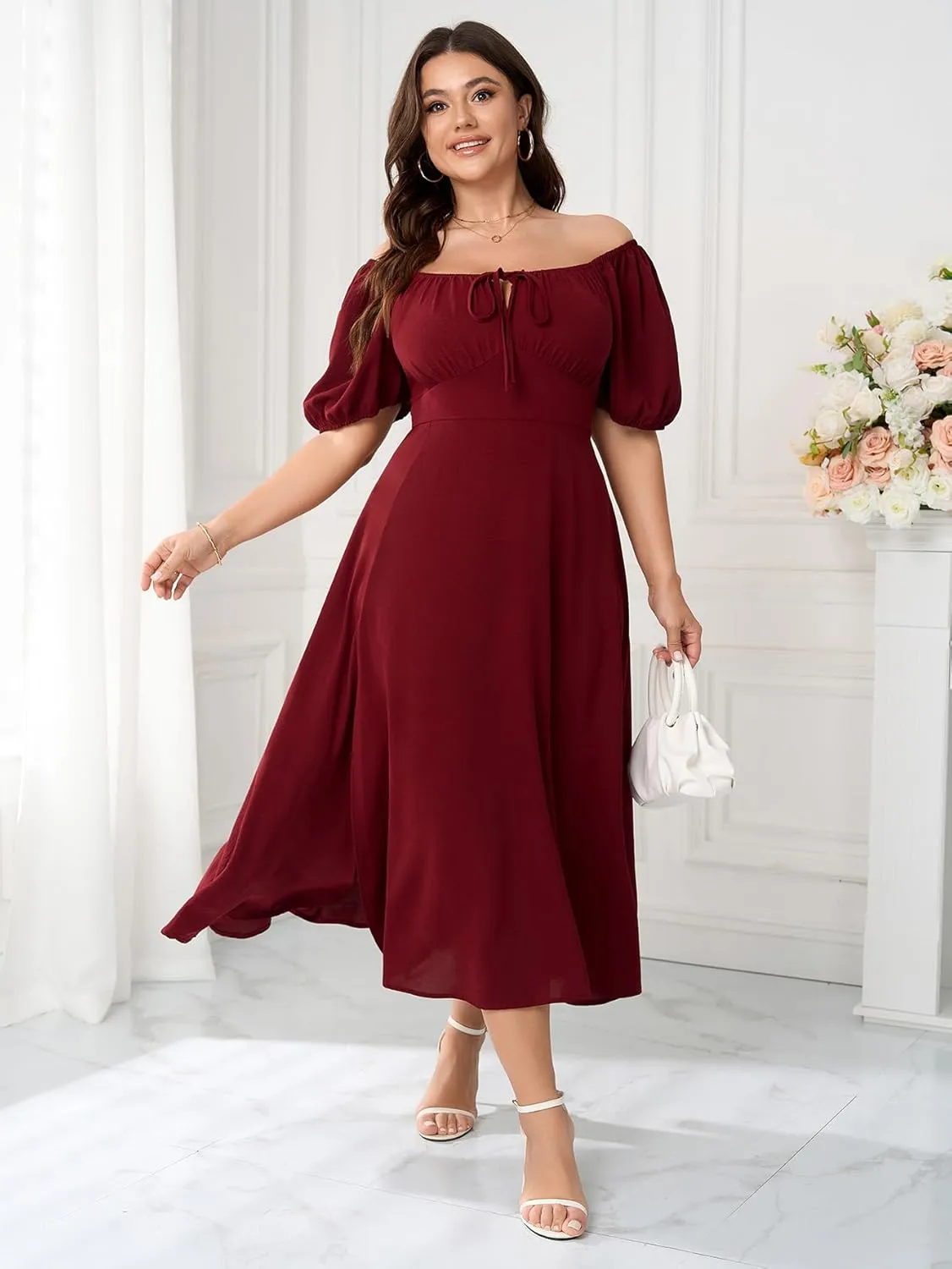 Women's Plus Size Summer Dress Short Sleeve Square Neck Milkmaid Dress Tie Front Split A-Line Maxi Long Dresses