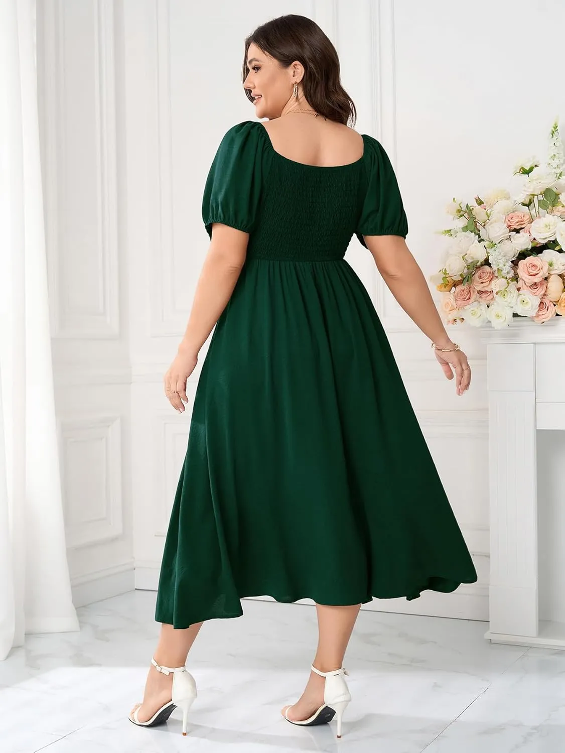 Women's Plus Size Summer Dress Short Sleeve Square Neck Milkmaid Dress Tie Front Split A-Line Maxi Long Dresses