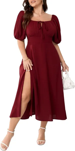 Women's Plus Size Summer Dress Short Sleeve Square Neck Milkmaid Dress Tie Front Split A-Line Maxi Long Dresses