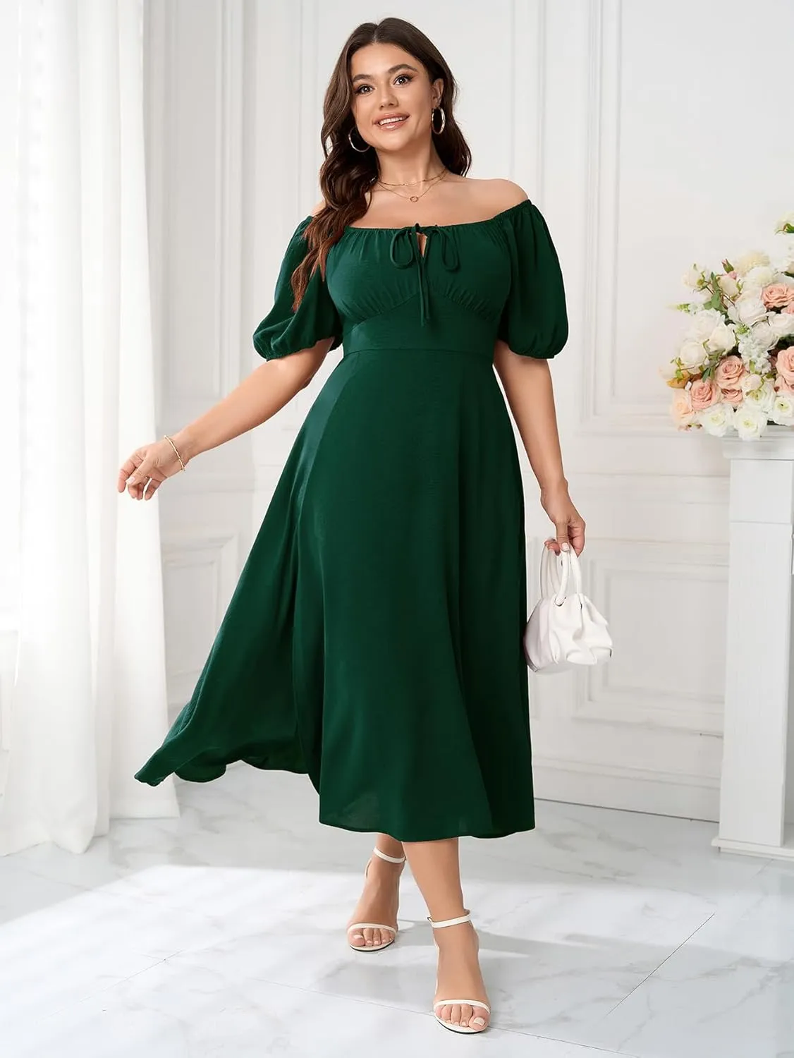 Women's Plus Size Summer Dress Short Sleeve Square Neck Milkmaid Dress Tie Front Split A-Line Maxi Long Dresses