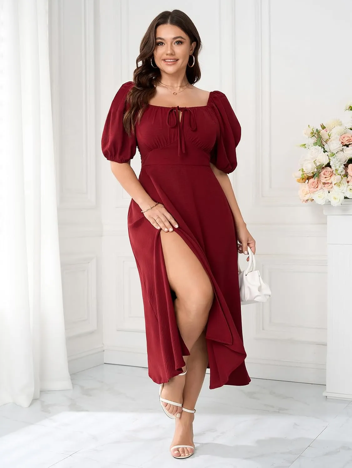 Women's Plus Size Summer Dress Short Sleeve Square Neck Milkmaid Dress Tie Front Split A-Line Maxi Long Dresses