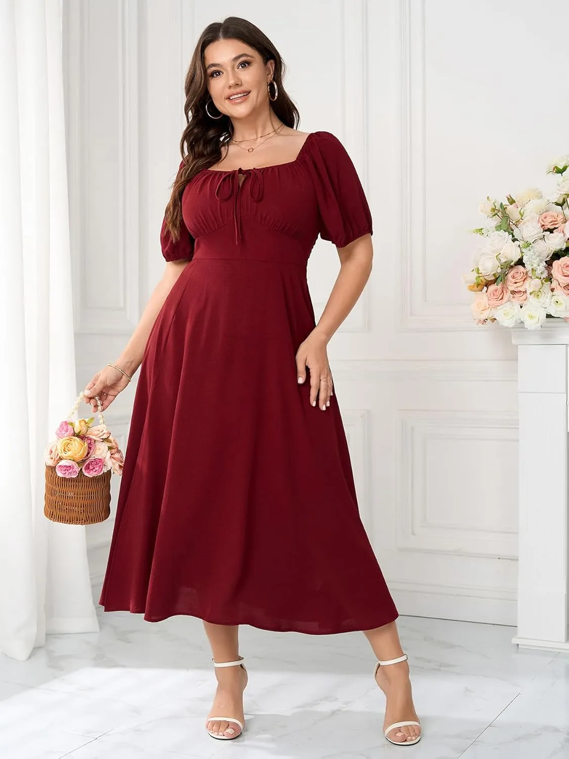 Women's Plus Size Summer Dress Short Sleeve Square Neck Milkmaid Dress Tie Front Split A-Line Maxi Long Dresses
