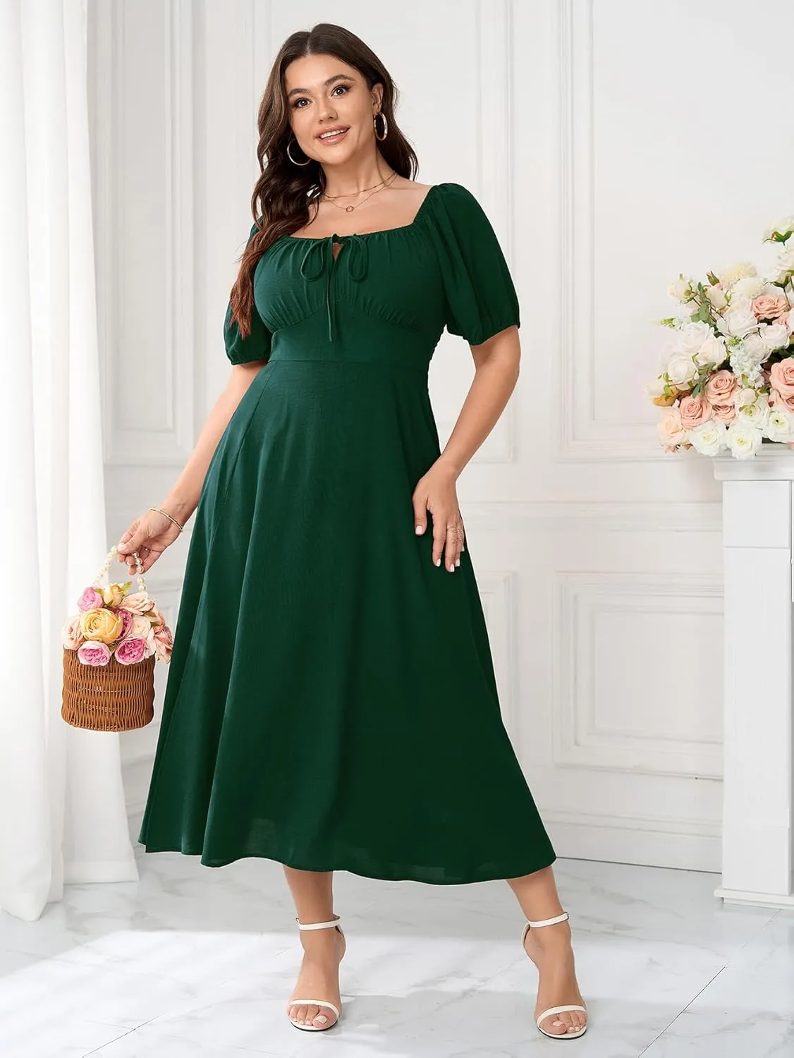 Women's Plus Size Summer Dress Short Sleeve Square Neck Milkmaid Dress Tie Front Split A-Line Maxi Long Dresses