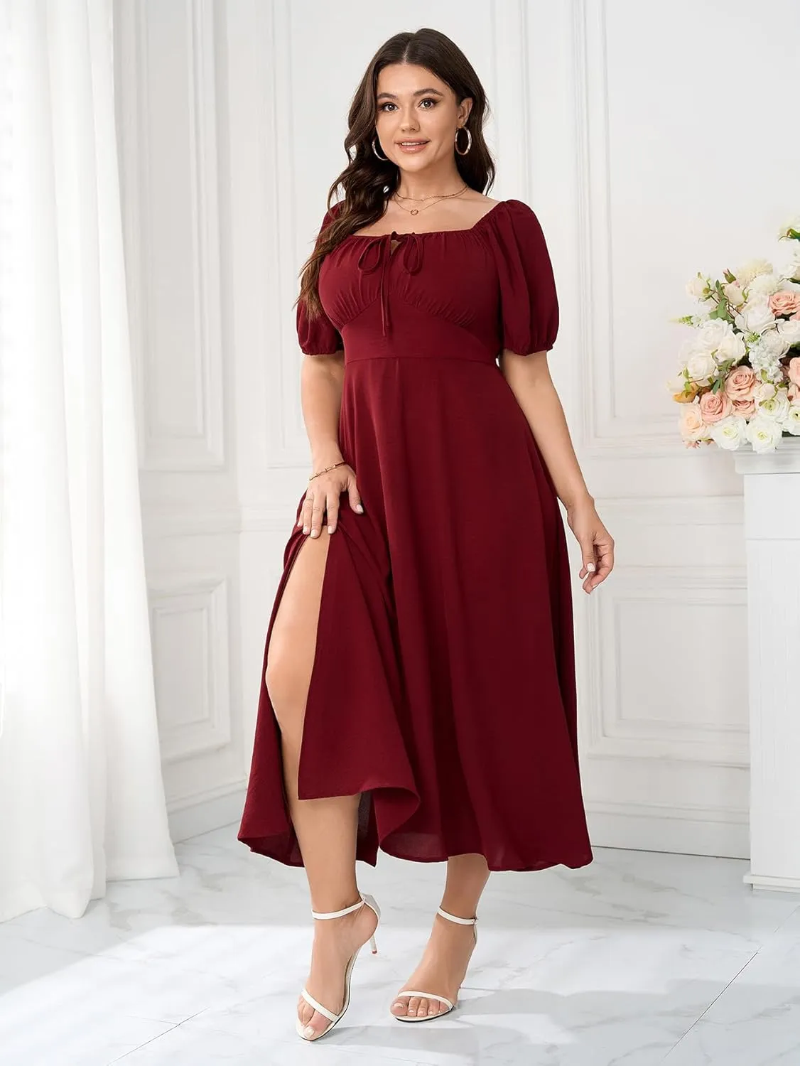 Women's Plus Size Summer Dress Short Sleeve Square Neck Milkmaid Dress Tie Front Split A-Line Maxi Long Dresses