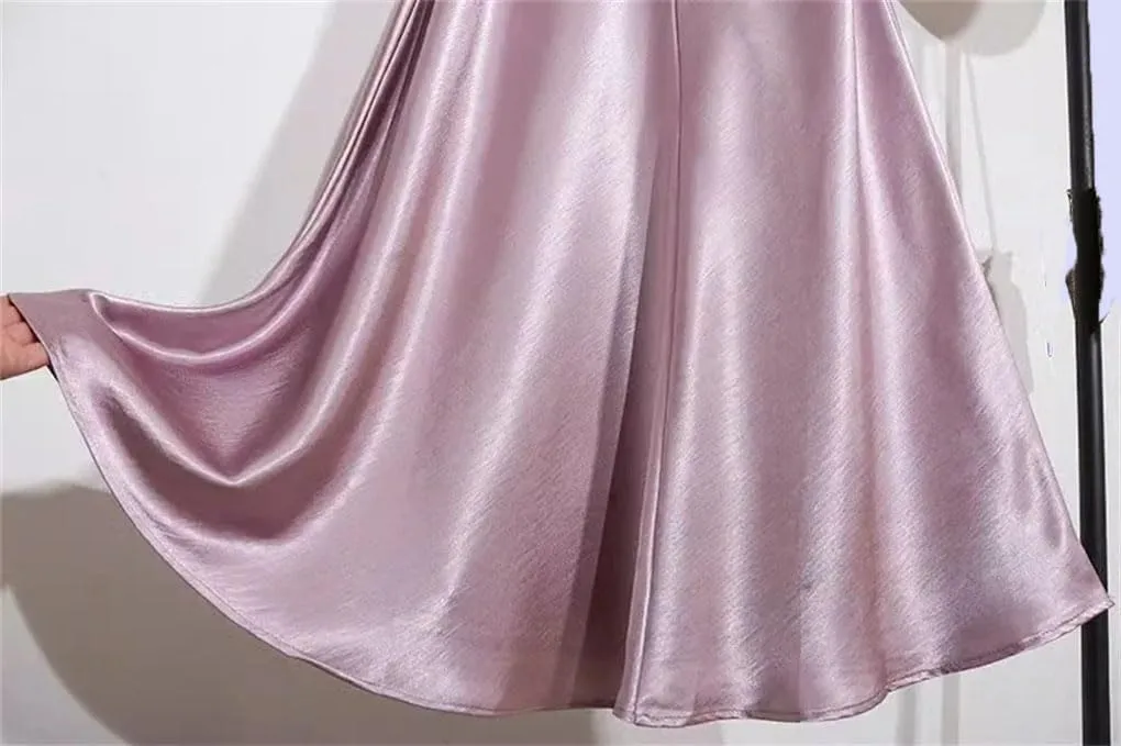 Women's Satin Fishtail Skirt Splicing A-Line Office Lady Long Skirt