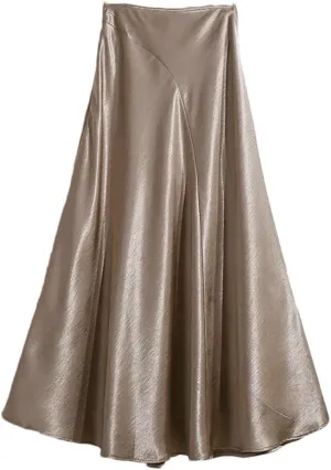 Women's Satin Fishtail Skirt Splicing A-Line Office Lady Long Skirt