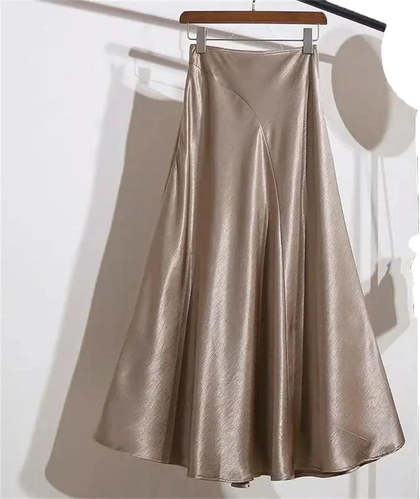 Women's Satin Fishtail Skirt Splicing A-Line Office Lady Long Skirt