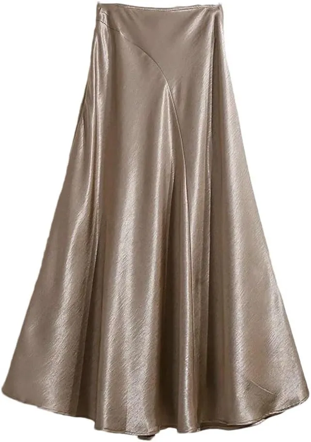Women's Satin Fishtail Skirt Splicing A-Line Office Lady Long Skirt