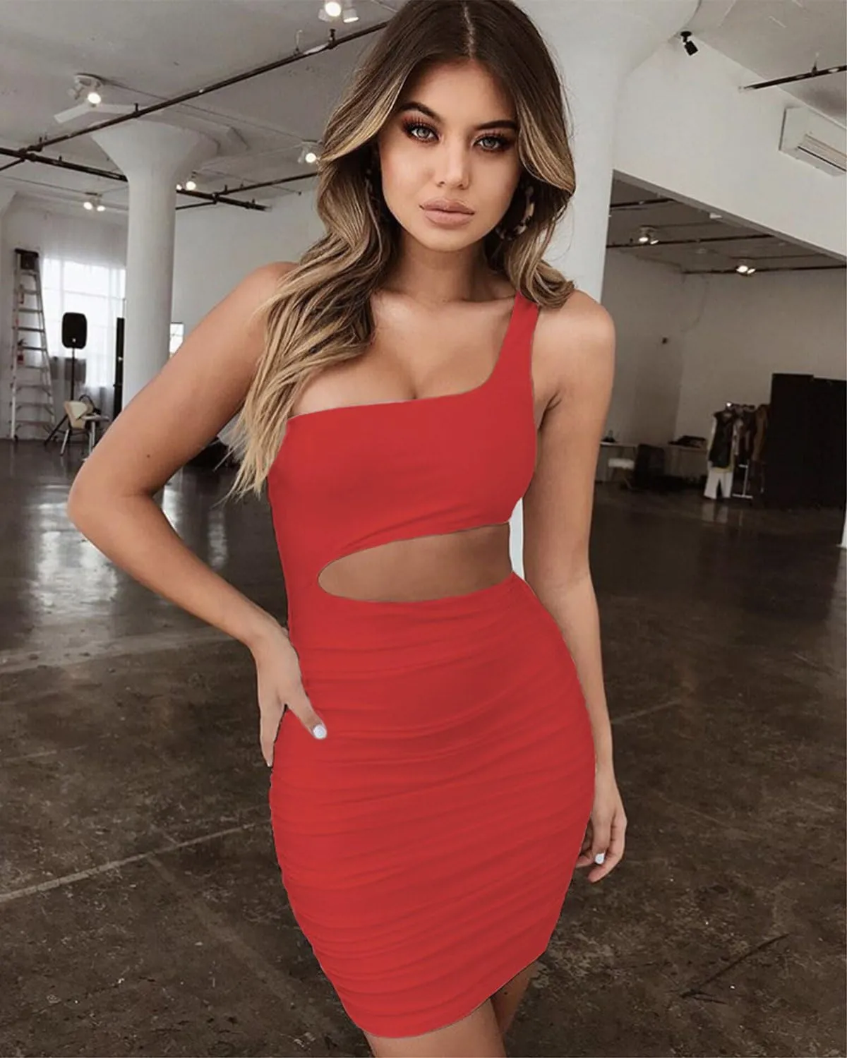 Women's Sexy One Shoulder Cut Out Ruched Cocktail Bodycon Mini Dresses