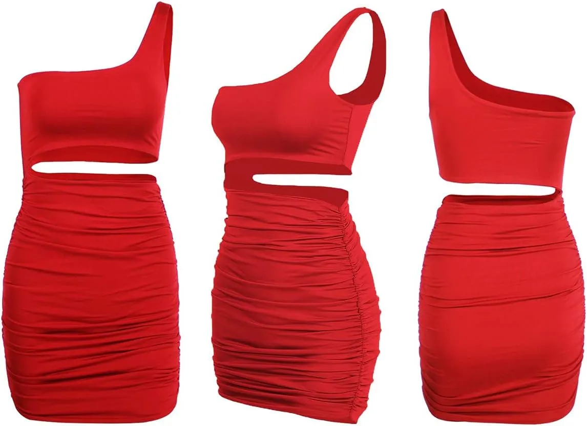 Women's Sexy One Shoulder Cut Out Ruched Cocktail Bodycon Mini Dresses