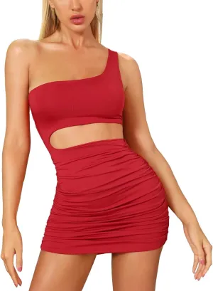 Women's Sexy One Shoulder Cut Out Ruched Cocktail Bodycon Mini Dresses