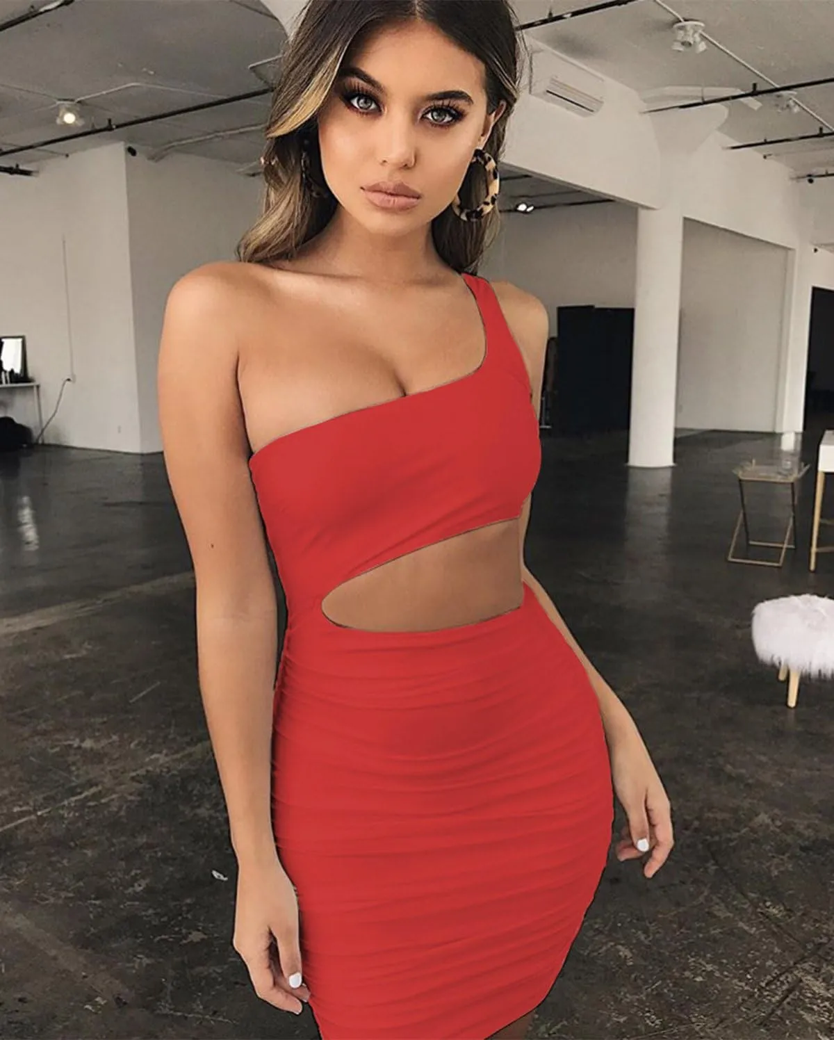 Women's Sexy One Shoulder Cut Out Ruched Cocktail Bodycon Mini Dresses