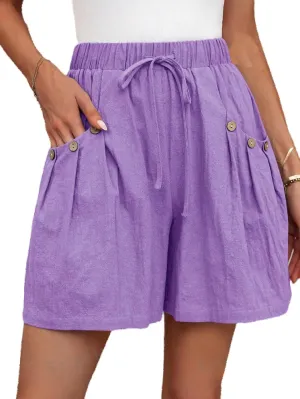 Women's Shorts Casual Flowy High Waisted Comfy Summer Shorts Elastic Drawstring Boho Button Pants with Pockets