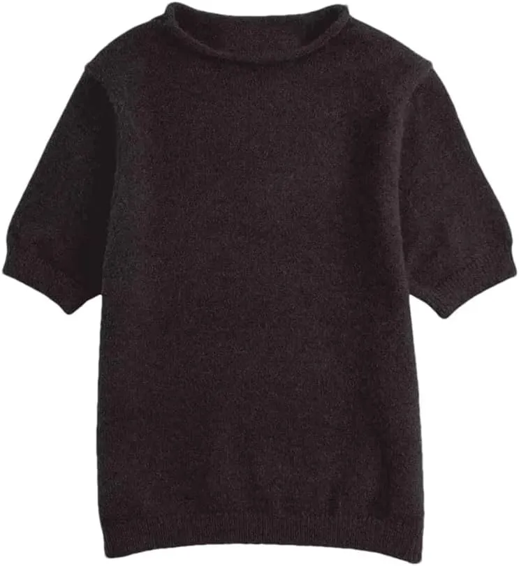 Women's Soft Short Sleeve Knitted Shirt Round Neck Solid Color Pullover
