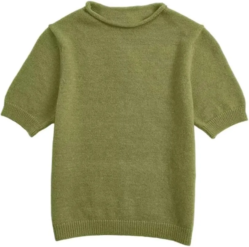 Women's Soft Short Sleeve Knitted Shirt Round Neck Solid Color Pullover