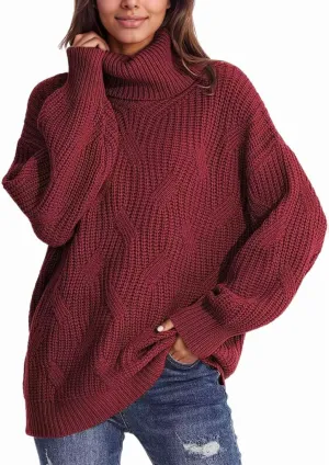 Women's Solid Color Long Sleeve Sweater Knit High Neck Pullover Oversized Sweater Turtleneck Casual Knitwear