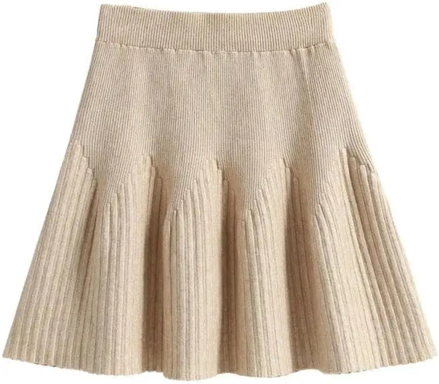 Women's Solid Color Pleated Knit Skirt Stretch High Waist Solid Color Office Mini Skirts