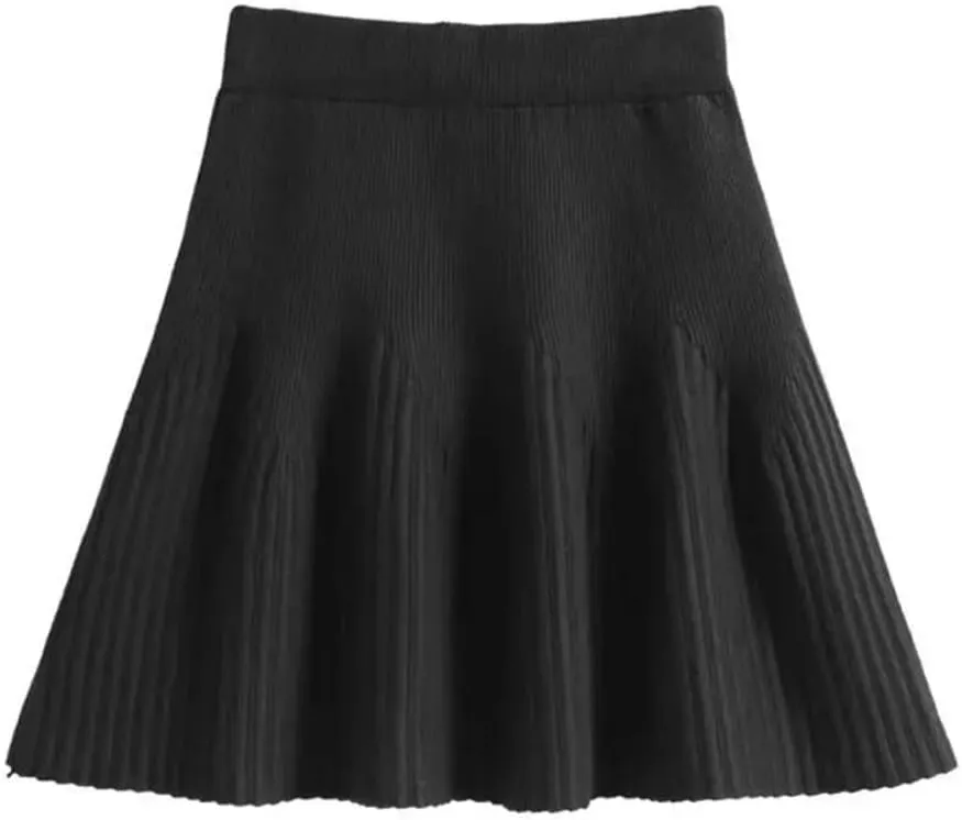 Women's Solid Color Pleated Knit Skirt Stretch High Waist Solid Color Office Mini Skirts