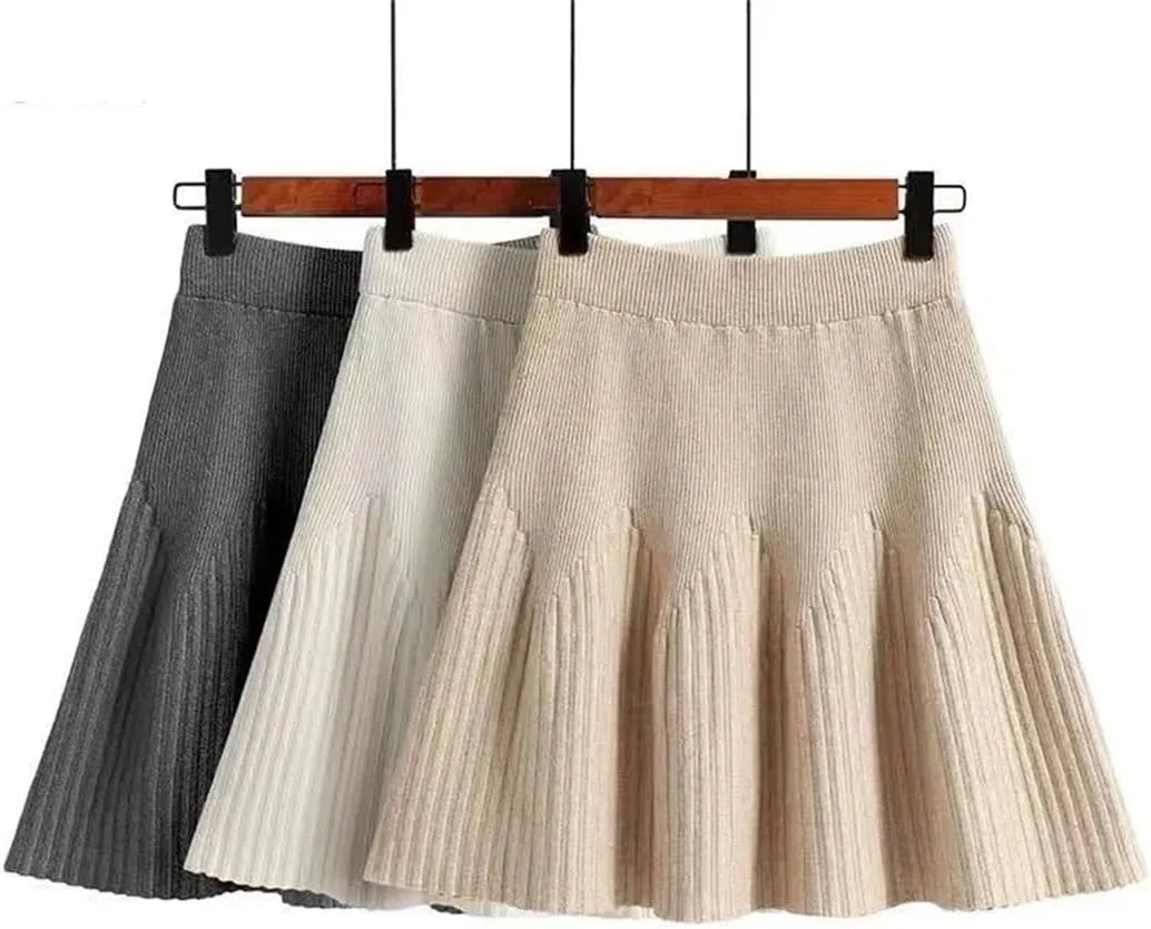 Women's Solid Color Pleated Knit Skirt Stretch High Waist Solid Color Office Mini Skirts