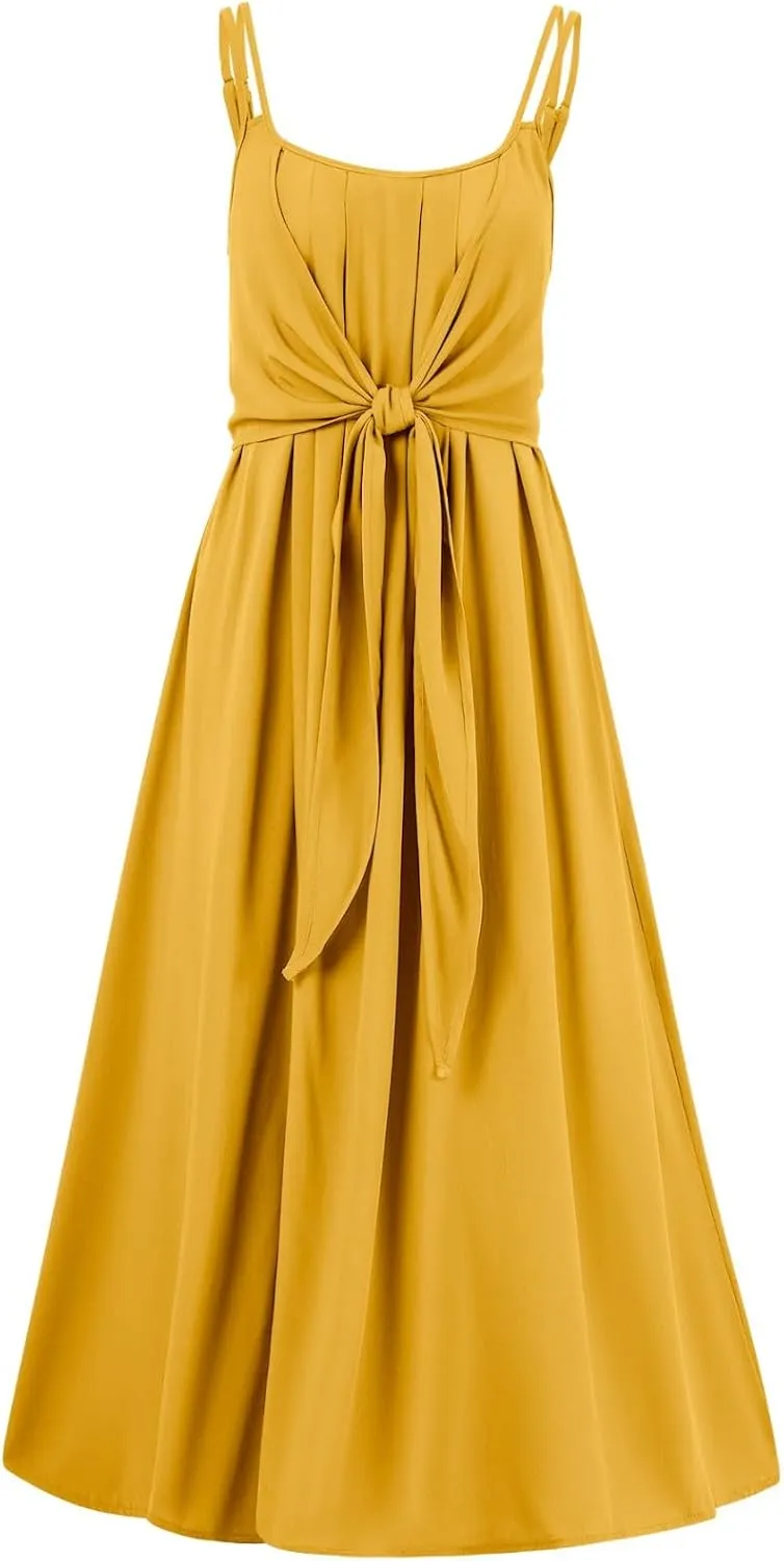 Women's Spaghetti Strap Midi Dress Ruched Wrap Tie Waist Square Neck Sleeveless Bodycon Midi Tank Dress