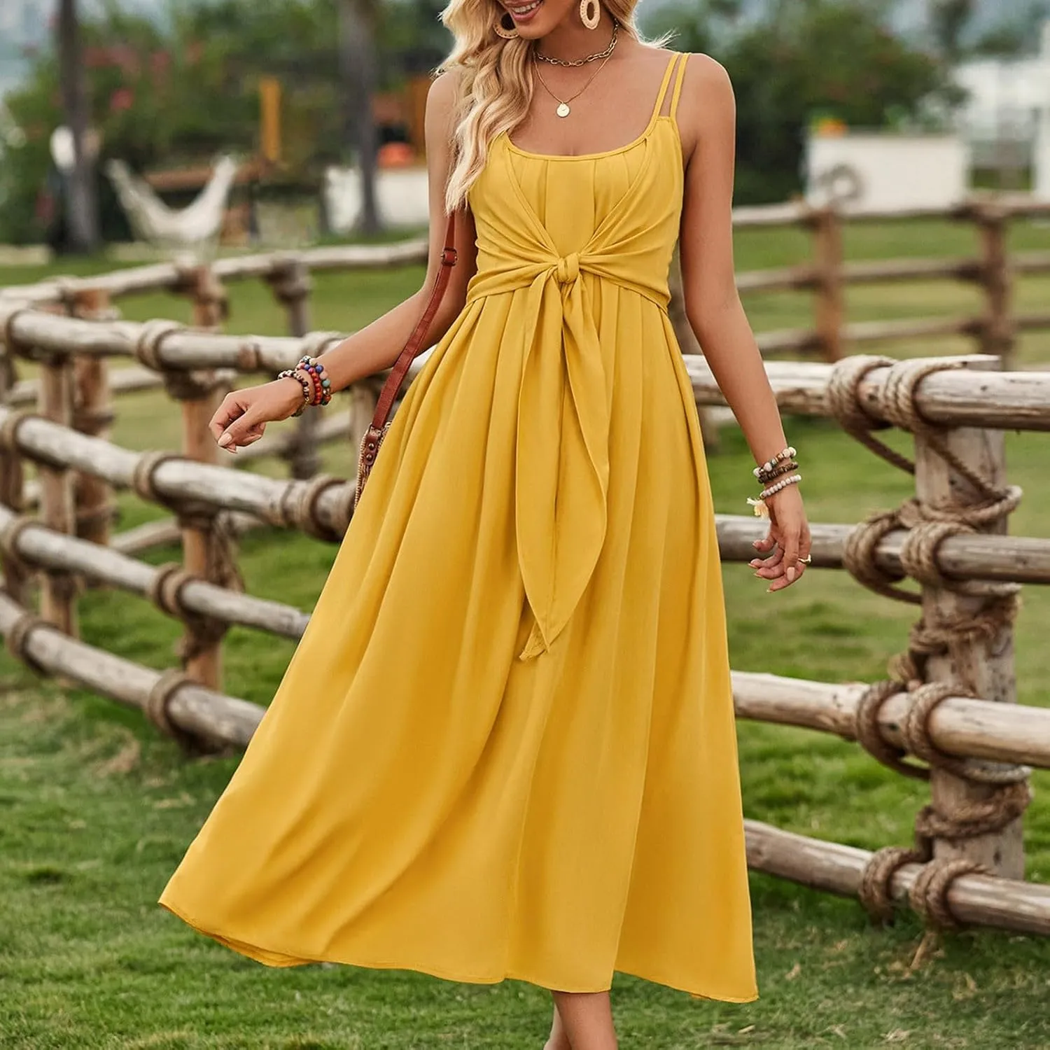 Women's Spaghetti Strap Midi Dress Ruched Wrap Tie Waist Square Neck Sleeveless Bodycon Midi Tank Dress
