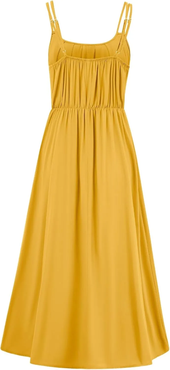 Women's Spaghetti Strap Midi Dress Ruched Wrap Tie Waist Square Neck Sleeveless Bodycon Midi Tank Dress