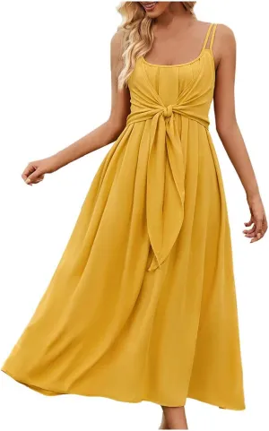 Women's Spaghetti Strap Midi Dress Ruched Wrap Tie Waist Square Neck Sleeveless Bodycon Midi Tank Dress