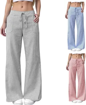Womens Striped Linen Pants Low Rise Wide Leg Plus Size Trendy Drawstring Elastic Waist Casual Flowy Trouser with Pockets