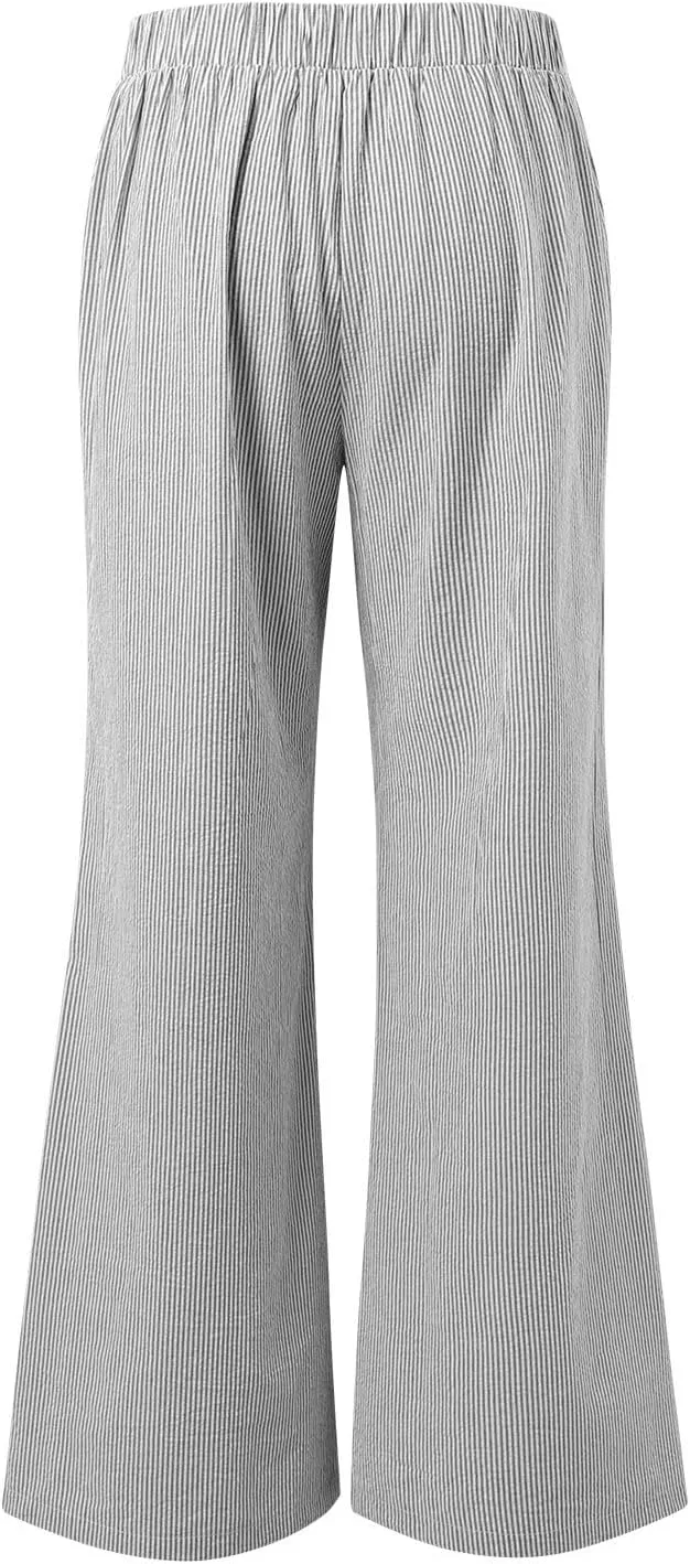 Womens Striped Linen Pants Low Rise Wide Leg Plus Size Trendy Drawstring Elastic Waist Casual Flowy Trouser with Pockets