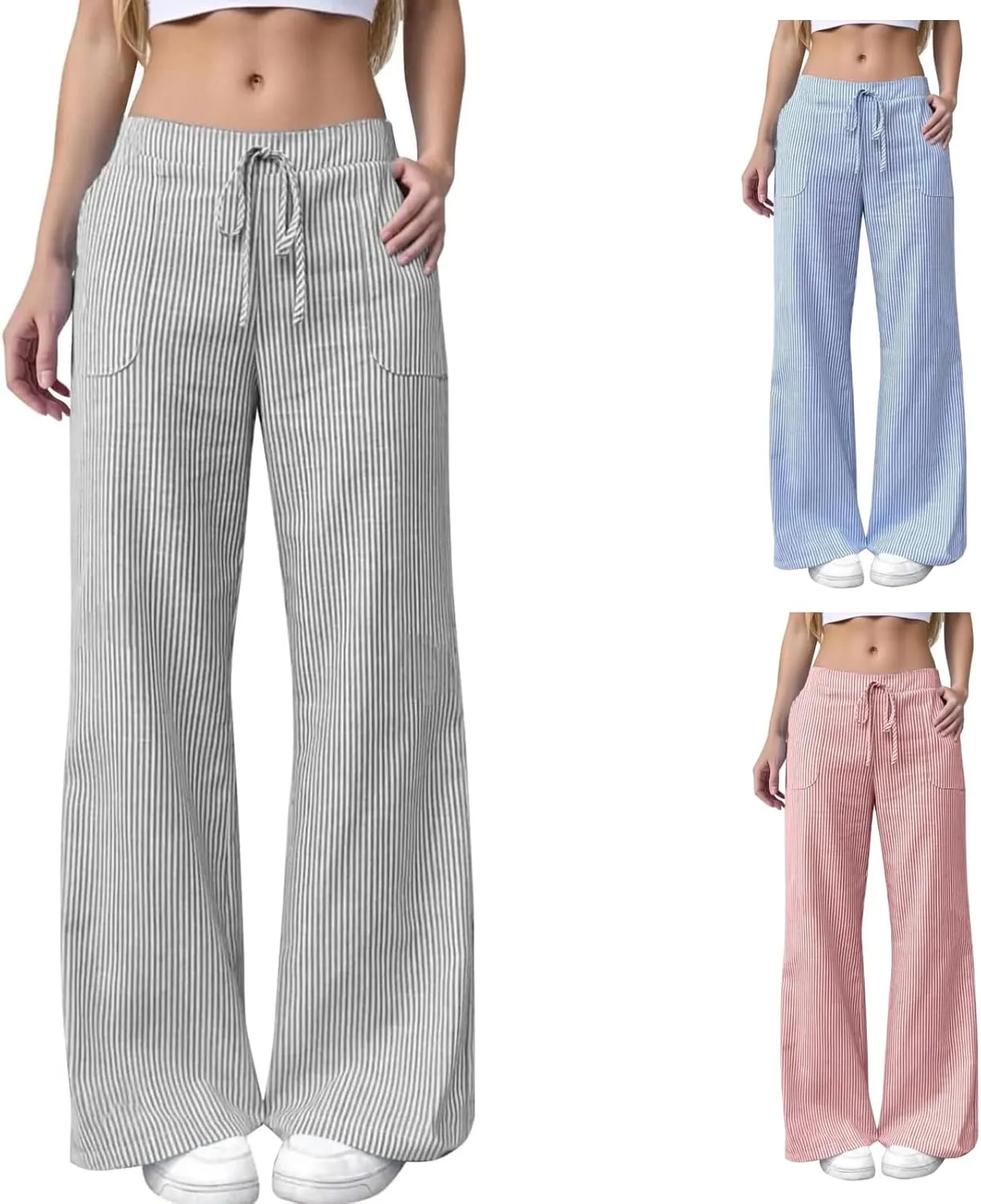 Womens Striped Linen Pants Low Rise Wide Leg Plus Size Trendy Drawstring Elastic Waist Casual Flowy Trouser with Pockets