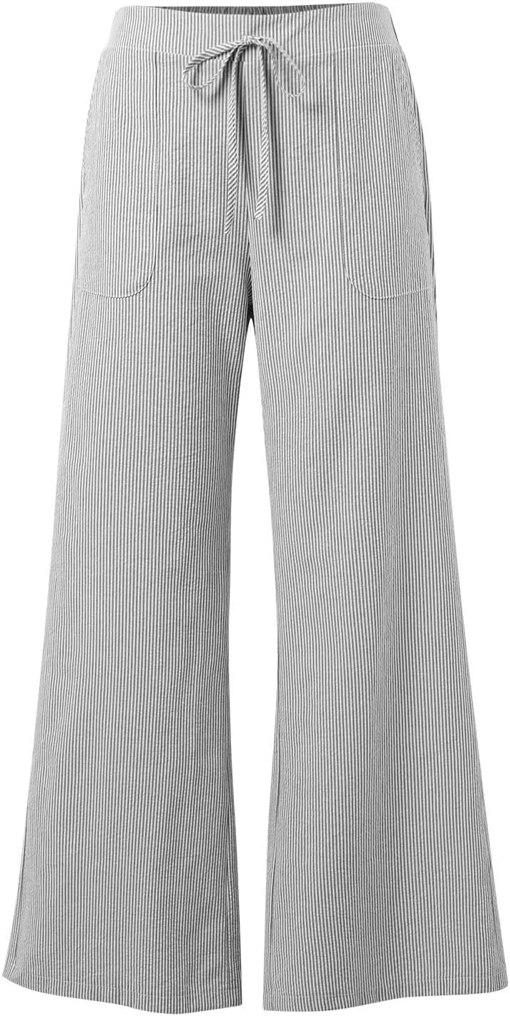 Womens Striped Linen Pants Low Rise Wide Leg Plus Size Trendy Drawstring Elastic Waist Casual Flowy Trouser with Pockets