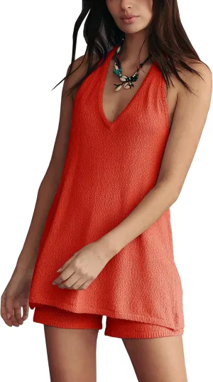 Womens Summer 2 Piece Outfits Sweater Sets 2025 Knit Backless Halter Top and Shorts Lounge Beach Set
