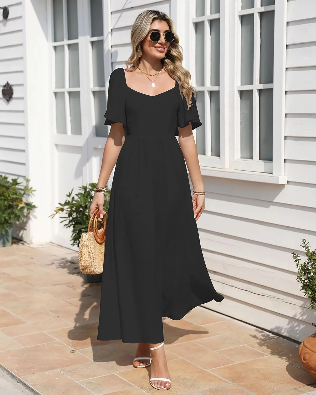 Womens Summer Beach Maxi Dress with Back Bow Tie Casual Short Sleeve Square Neck High Waist A Line Flowy Boho