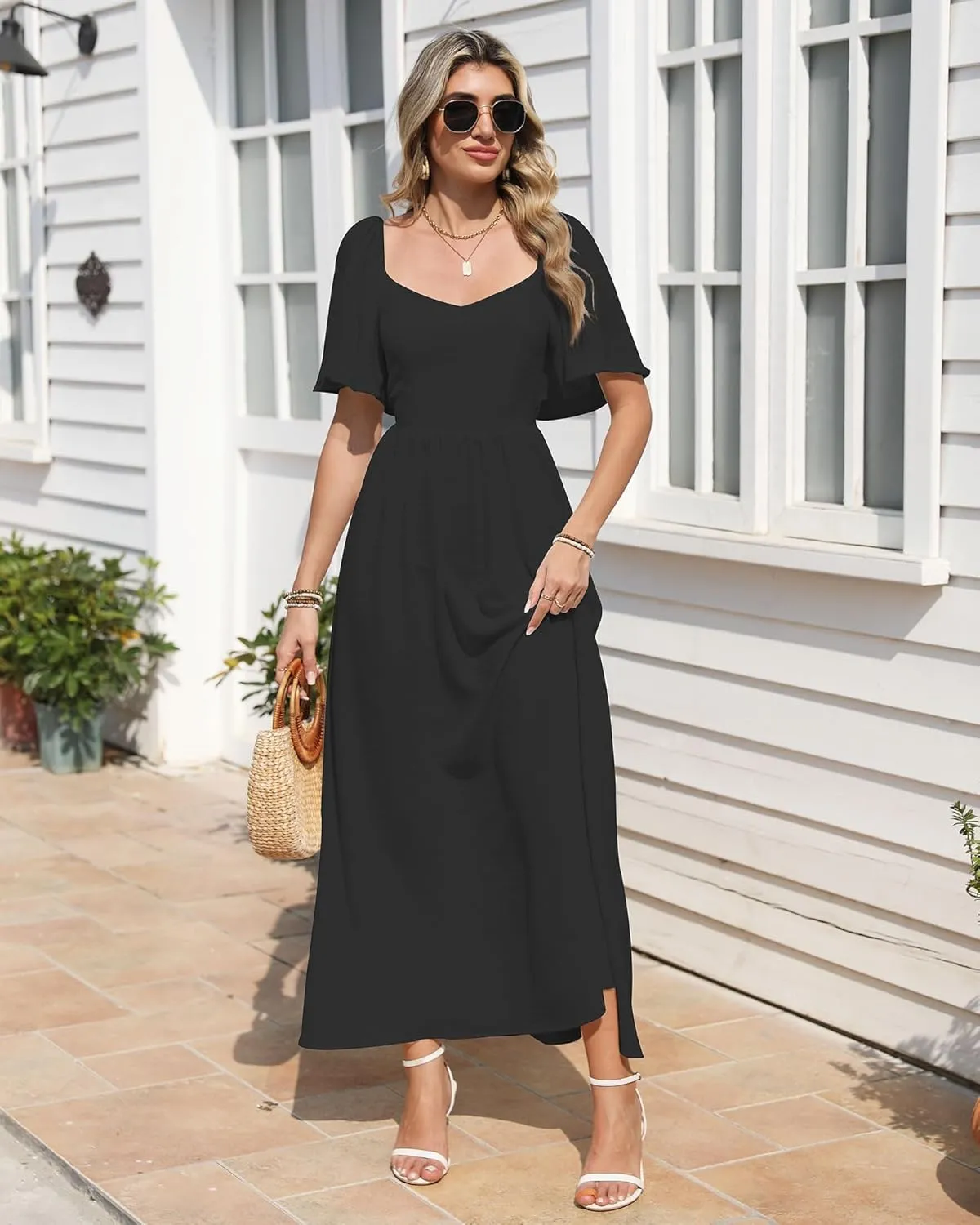 Womens Summer Beach Maxi Dress with Back Bow Tie Casual Short Sleeve Square Neck High Waist A Line Flowy Boho