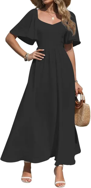 Womens Summer Beach Maxi Dress with Back Bow Tie Casual Short Sleeve Square Neck High Waist A Line Flowy Boho